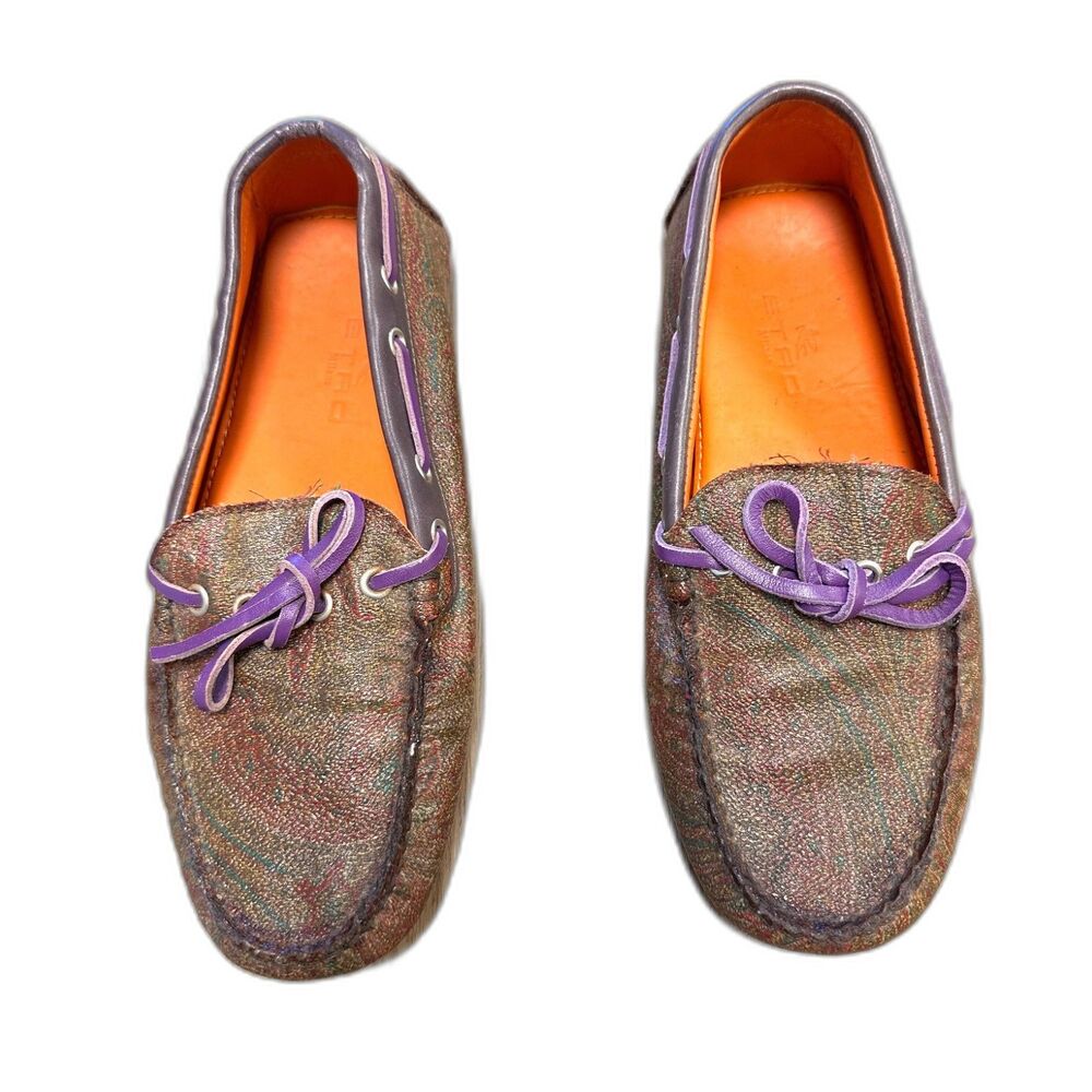 ETRO Milano Paisley Print Coated Leather Preppy Canvas Bow Moccasin Loafers 36